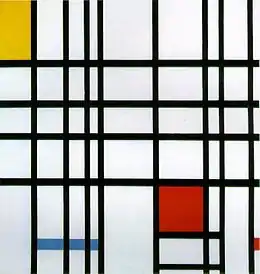 Composition with Yellow, Blue and Red.  Piet Mondrian, 1937-1942, huile sur toile, 72,7 × 69,2 cm, Londres, Tate Modern.