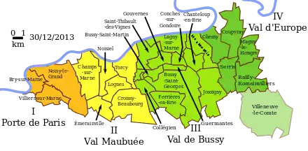 Carte présentant les différentes communes de Marne-la-Vallée, classées par secteur.