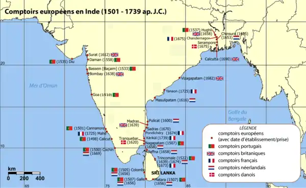 Carte de l'Inde avec tous les comptoirs européens vers 1740, permettant de situer Pondichéry par rapport aux comptoirs rivaux.