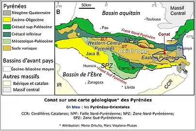 Conat sur une carte géologique des Pyrénées.