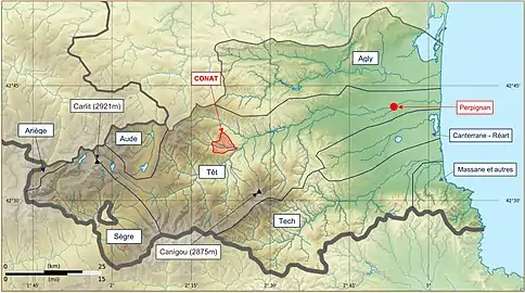 Situation de Conat sur une carte topographique des Pyrénées-Orientales.