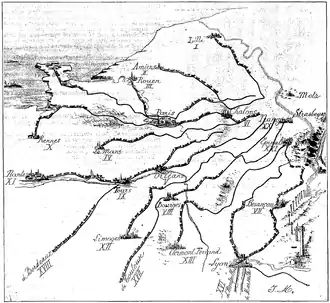 Partie septentrionale de la France, traversée par plusieurs lignes concentriques menant toutes vers la frontière franco-allemande.