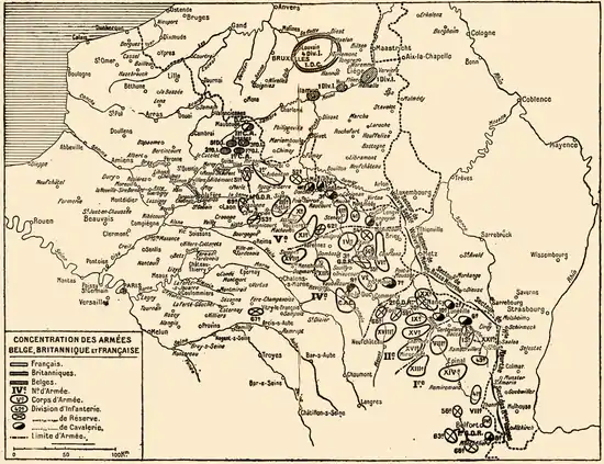 Déploiement des forces le long de la frontière, de Maubeuge à Montbéliard.