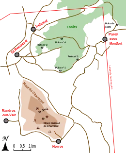 Carte localisant les travaux miniers et les villages.