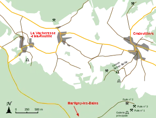 Carte localisant les travaux miniers et les villages.