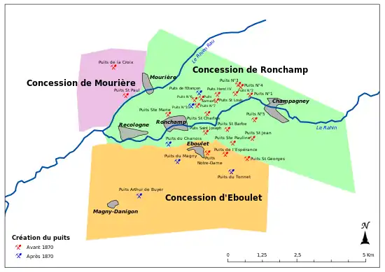 Une petite concession au nord-ouest (Mourière) avec deux puits, une grande concession au nord où se trouvent tous les puits anciens entre Ronchamp et Campagney ; une autre grande concession au sud comprenant surtout des puits récents creusés autour d'Éboulet et de Magny-Danigon.