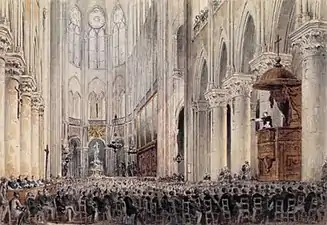 Conférence du père Henri Lacordaire, vers 1845. Dessin anonyme, mine de plomb et aquarelle, Bibliothèque nationale de France.