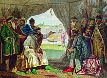 Vladimir II (à gauche) rencontre Sviatopolk II à Dolobsk en 1103 (tableau de Kivchenko, 1851-1895).