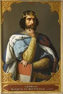 Peinture. En buste. Couronne, cheveux longs, barbe. Manteau doublé d'hermine. Tient son écu à son côté. Inscription : « Conrad, marquis de Montferrat, mort en 1192. »