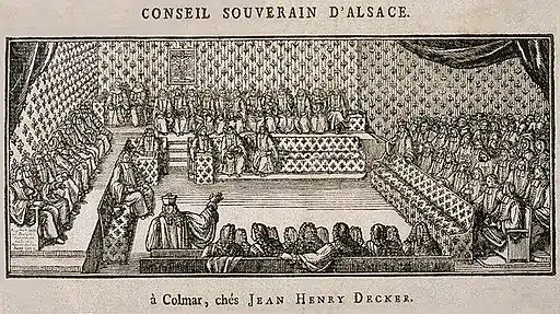 gravure en noir et blanc d'une assemblée de magistrats et nobles, assis en quadrilatère