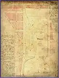 Plan de 1831 : en trait bleu, le tracé existant à l'époque. En trait rouge, le projet d'agrandissement.