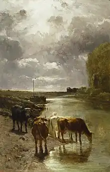 peinture représentant des vaches blanches, rouges, et noires s'abreuvant dans une rivière.