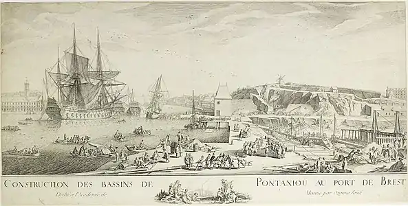 La construction des bassins de Pontaniou dans l’arsenal de Brest, qui dure des années 1750 aux années 1770.