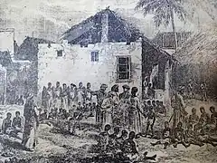 Marché aux esclaves devant l'église anglicane de Stone Town à Zanzibar, par Edwin Roper Loftus Stocqueler (en), 1860.