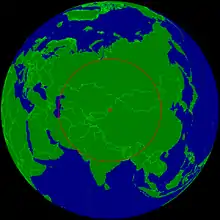 Projection hémisphérique de la Terre, centrée sur le pôle terrestre d'inaccessibilité.