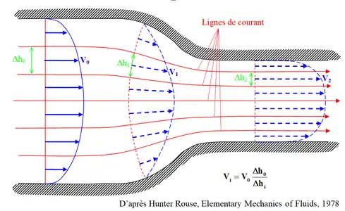Lignes de courant dans une contraction 2D. L'espacement entre deux lignes de courant permet de calculer l'évolution de la vitesse dans le tube de courant qu'elles limitent.