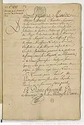 Manuscrit : première page du contrat de mariage de Pierre Arnoul et de Françoise de Soissan