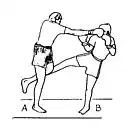 Attaque dans l’attaque adverse en direct plongeant du poing arrière (cross) en absorbant le coup de pied bas circulaire de l’opposant en K-1