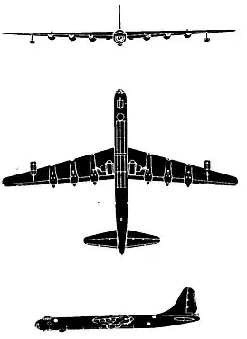 Plan 3-vues du Convair B-36F. À noter les nacelles des turboréacteurs suspendues sous les ailes.