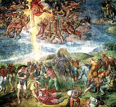 Image d'une fresque avec un acte divin qui divise l'espace pictural en séparant les anges en deux groupes symétriques créant un mouvement de tourbillon,  un personnage fuit vers les marges du paysage, où les collines sont dénudées.