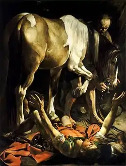 Peinture d'un homme allongé sur le dos, les bras ouverts, devant un cheval qui occupe presque tout l'espace du tableau.