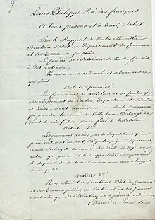Copie conforme de la lettre de Louis Philippe, roi des Français, ordonnant la réunion des communes de Villeloin et de Coulangé. Page 1