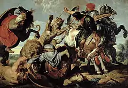 Réplique d'un tableau de Rubens. Plusieurs cavaliers attaquent deux lions