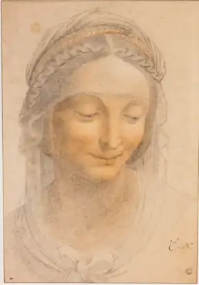 Dessin crayonné en couleurs de la tête d'une femme au regard incliné vers le bas.