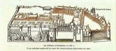 Vue cavalière du Château d'Amboise montrant les destructions des années 1806-1810 (Jacques Ier Androuet du Cerceau, « Les plus excellents bastiments de France »).