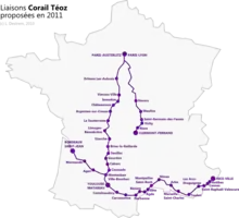 Carte du réseau Téoz en 2011