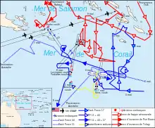 Carte centrée sur la mer de Corail avec la chronologie des mouvements des flottes