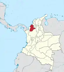 Carte des limites administratives de Colombie. Le pays est en blanc sur fond bleu de la mer et pays voisins grisés. Le département de Córdoba est en rouge.