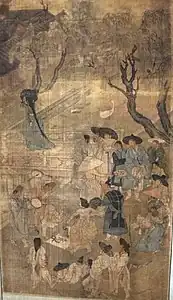 Fête au village. Kim Hong-do. Feuille de paravent, vers 1768. Encre et couleurs légères sur soie, H 108 cm. Musée Guimet