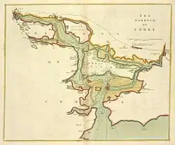 Carte du Cork Harbour vers 1702 avec la ville de Cork au nord-ouest.