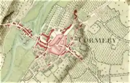 Carte ancienne représentant le tracé d'une route sur le plan d'une ville.