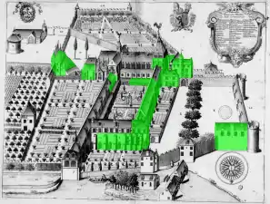 Ancien dessin d'un abbaye dont les vestiges sont surlignés en vert.