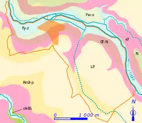 Carte en couleurs représentant les couches géologiques affleurantes d'un territoire.