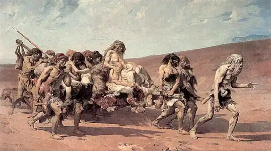 Peinture d'un groupe d'hommes à l'aspect primitif, seulement vêtus de pagnes et marchant dans le désert. Un vieil homme ouvre le chemin, et derrière lui quelques hommes portent un lourd brancard sur lequel se tient une femme avec deux jeunes enfants endormis.