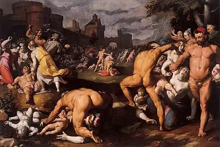 Des hommes nus tentent de tuer des enfants, combattus par des femmes dans un décor médiéval