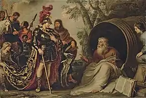 Peinture représentant Alexandre rendant visite à Diogène assis dans son tonneau