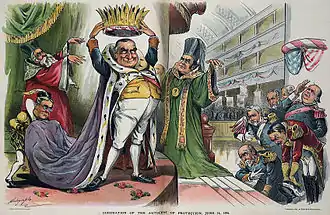 Caricature représentant McKinley habillé en Napoléon sur le point de sa couronner avec une couronne portant l'inscription « nomination républicaine ». Deux hommes ressemblant à des prêtres sont à ses côtés et en bas de la tribune, plusieurs hommes portant des uniformes militaires s'inclinent devant McKinley.
