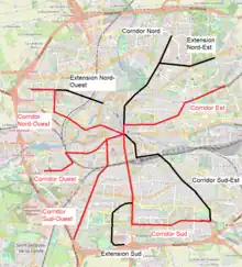 Corridors de Transport en commun en site propre ou TCSP selon l'étude de 1986, les corridors en rouge sont ceux privilégiés.