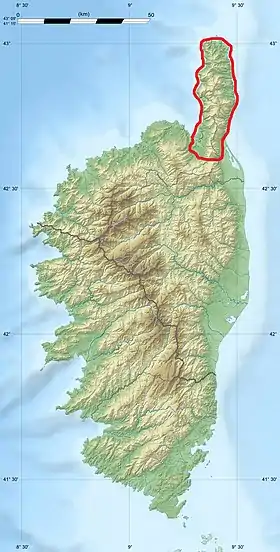 Carte de localisation du massif du Monte Stello en Corse.