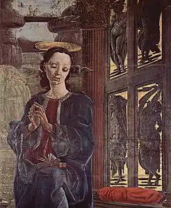 Détail de peinture. La colombe volète juste à droite de l'oreille de Marie.