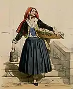 Illustration d'une femme portant un panier et un seau.
