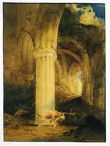 Peinture représentant les ruines d'une église dans lesquelles paît une vache.