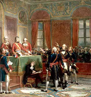 Peinture présentant Napoléon et les deux autres consuls debout sur une tribune, un cercle d'hommes leur prêtant allégeance.