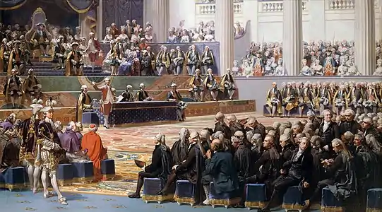 Séance d'ouverture de l'assemblée des États généraux, 5 mai 1789. Peinture d'histoire d'Auguste Couder (1839). Robespierre est représenté assis parmi le groupe de députés du Tiers état.