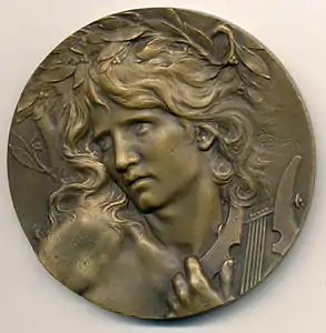 Orphée endort Cerbère aux sons de sa lyre, médaille en bronze, 68 mm, grand prix de Rome de 1893. Avers.