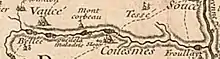 Les communes de Couesmes, Vaucé et les châteaux de Bellée, Montcorbeau et Froulay sur une carte de 1706.